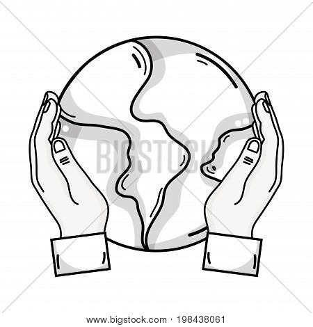 line hands with global earth planet and geography ubication vector illustration