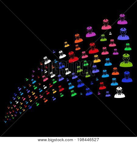 Source of army general icons. Vector illustration style is flat bright multicolored iconic army general symbols on a black background. Object fountain combined from symbols.