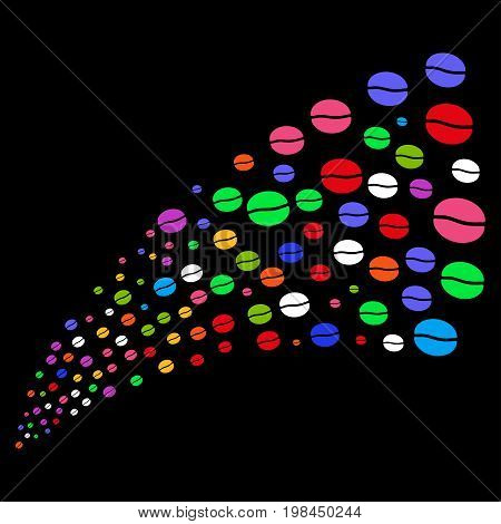 Stream of coffee bean symbols. Vector illustration style is flat bright multicolored iconic coffee bean symbols on a black background. Object fountain created from pictograms.