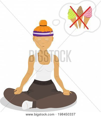 Vector image girl sitting in a lotus position, engaged in yoga, thinking about food. The concept of a healthy diet