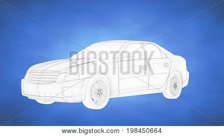 Outlined 3D Rendering Of A Car Inside A Blue Studio