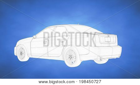 Outlined 3D Rendering Of A Car Inside A Blue Studio