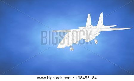 Outlined 3D Rendering Of An Airplane Inside A Blue Studio