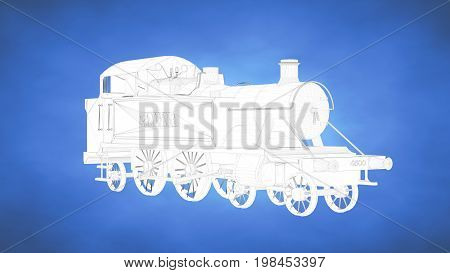 Outlined 3D Rendering Of A Train Inside A Blue Studio