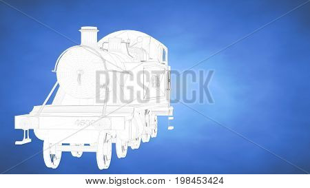 Outlined 3D Rendering Of A Train Inside A Blue Studio