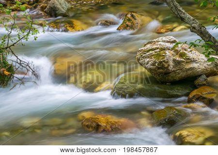 Kolasinskaya River Flows Through The City With A Rapid Flow. Montenegro, Kolasin.