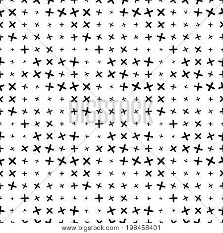 Seamless cross ( x plus ) pattern vector texture. Chaotic black and white geo geometric background. Psychedelic motif. Halftone grunge background. Vector fabric print.