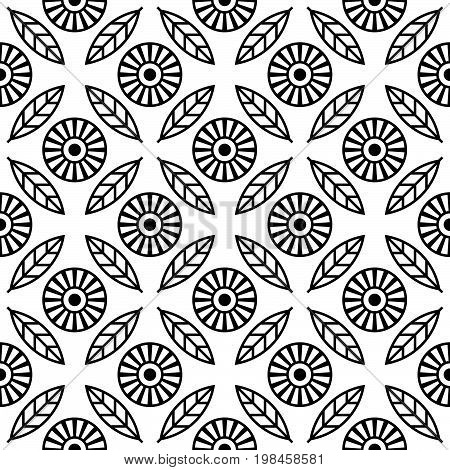Floral seamless pattern. Monotone monochrome seamless background. Regular pattern with stylized flowers and leafs. Black and white vector design.