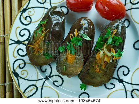 Marinated eggplant stuffed vegetables. Mediterranean Kitchen close up meal