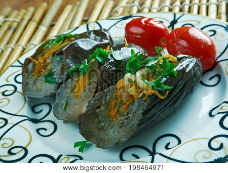 Marinated eggplant stuffed vegetables. Mediterranean Kitchen close up meal