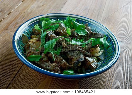 Qaurma oasted beef, turkish cuisine, close up meal