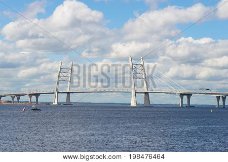 New cable-stayed bridge at the mouth of the Great Neva on a July day, Saint Petersburg