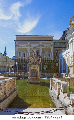 Salzburg, Austria - May 01, 2017: The Horsepond at the Herbert von Karajan Platz in Salzburg, Austria on May 01, 2017