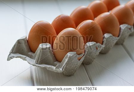Eggs in the paper tray package on white background.