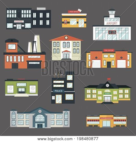 Cartoon government buildings in flat style vector illustration. Colored icons set isolated.