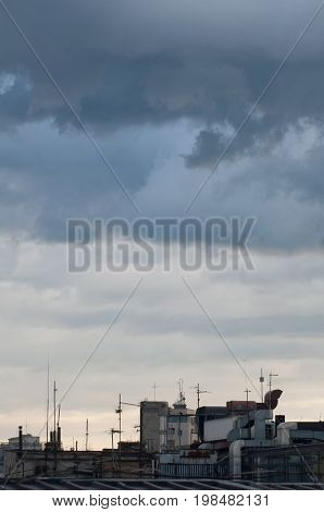 Stormy Weather Over City, Color Image, Selective Focus, Vertical Image