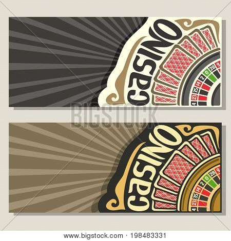 Vector gamble banners for Casino: 2 layouts invitation with roulette wheel for gambling game, red back of playing card, template flyer with grey rays of light background for title text on casino theme