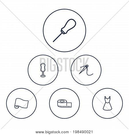 Collection Of Dress, Fabric, Awl And Other Elements.  Set Of 6 Stitch Outline Icons Set.