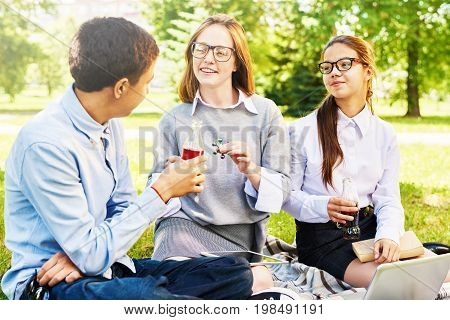 Group of smiling schoolchildren enjoying picnic on green lawn, chatting during break