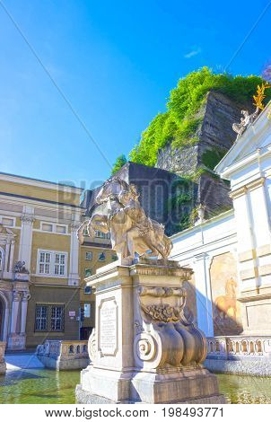 Salzburg, Austria - May 01, 2017: The Horsepond at the Herbert von Karajan Platz in Salzburg, Austria on May 01, 2017