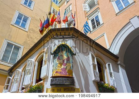 Salzburg, Austria - May 01, 2017: The Zum Eulenspiegel bar and restaurant at old town in Salzburg, Austria on May 01, 2017.