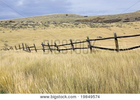 A wooden fence stretching across grasslands