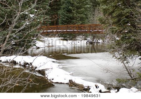 A wooden bridge between the snow-covered banks of a stream