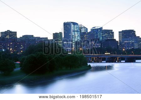 Panoramic view of Rosslyn skyline at dusk.