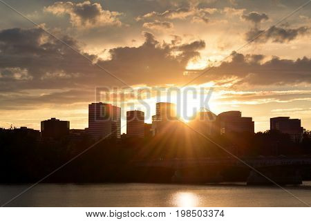 Panoramic view of Rosslyn, Virginia, during sunset.