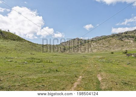 A Beautiful Summer Landscape With A Meadow With Wildgrass High In The Mountains Against The Backdrop