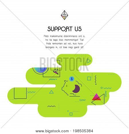 Trendy vector geometric 80-90-style page website template, with donation and support icon and text, to donate for projects and developers