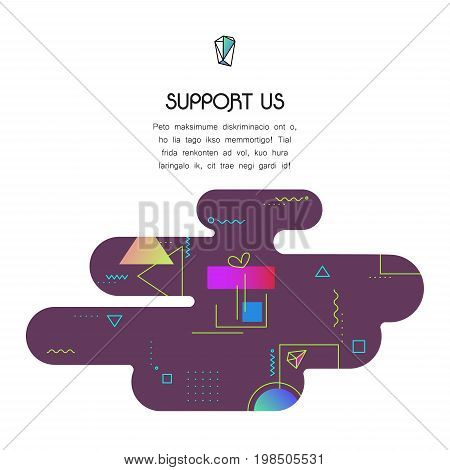 Trendy vector geometric 80-90-style page website template, with donation and support icon and text, to donate for projects and developers