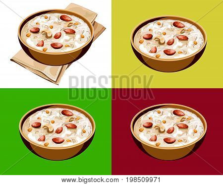 Scalable Vector illustration or artwork of Most famous Indian sweet pudding Kheer or semiya khir in a bowl.