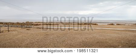 Panorama of archaeological site of Qumran National Park in Judaean Desert near the Dead Sea in Israel