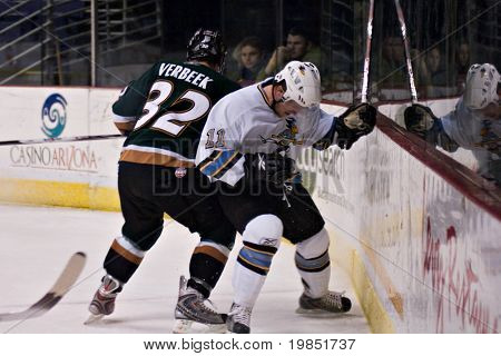 PHOENIX, AZ - 18 grudnia: Utah Grizzlies skrzydło Tim Verbeek (#32) sprawdza Phoenix Roadrunners defensem