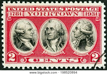 USA - CIRCA 1931: A stamp printed in USA issued for the 150th anniversary of surrender of Cornwallis at Yorktown shows Rochambeau, Washington and De Grasse, circa 1931.
