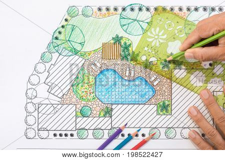 Landscape architect design backyard plan for villa .
