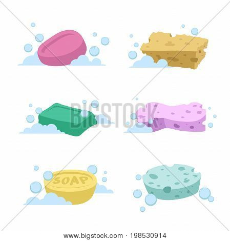 Trendy cartoon style bath and health care set. Different colors soaps and spoonges with bubbles.