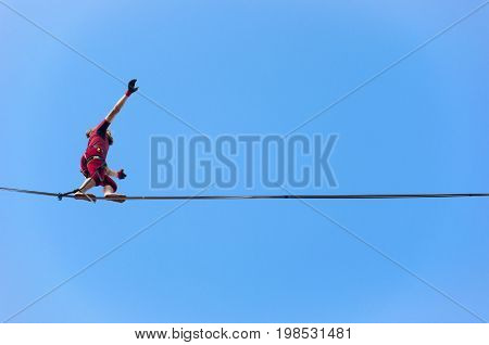 LUBLIN POLAND- 29 july 2017- slackliner in old town at Urban Highline Festival placed in city space of Lublin - biggest slacklining spectacle in the world