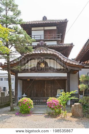 AIZUWAKAMATSU JAPAN - MAY 30 2017: Survived Gosangai Turret of Aizu-Wakamatsu Castle (Tsuruga-jo founded in 1384) Japan. Was relocated to Amida-ji Temple in 1686