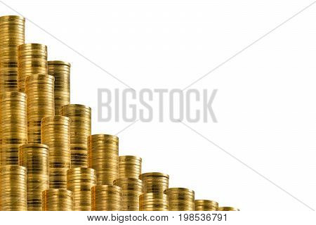 Rows of golden coins isolated on white. Backslash decoration with money.
