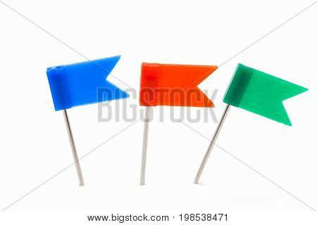 Set of colorful color push pins Thumbtacks isolated on white background