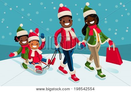 Winter family vacations isometric people black cartoon character vector