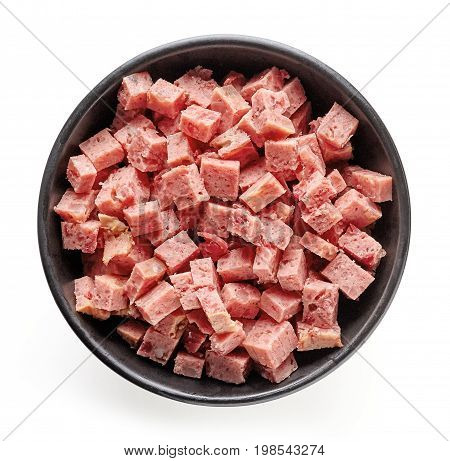Bowl Of Chopped Ham Isolated On White; From Above