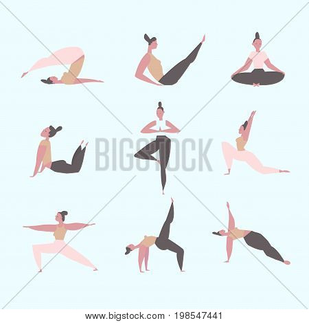 Set with beautiful woman in various poses of yoga. Vector illustration. Healthy lifestyle.