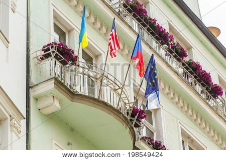 Flags of the World in front of a Buiding.