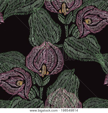 Elegant seamless pattern with hand drawn decorative calla flowers design elements. Floral pattern for invitations cards wallpapers print gift wrap manufacturing fabrics. Embroidery style