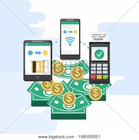 Mobile payments and near field communication. Transaction and paypass and NFC holding phone. Vector illustration