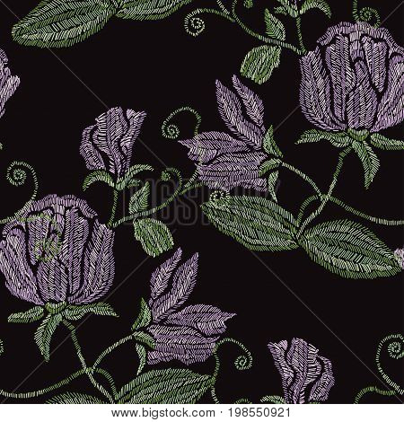 Elegant seamless pattern with hand drawn decorative sweet pea flowers design elements. Floral pattern for invitations cards wallpapers print gift wrap manufacturing fabrics. Embroidery style