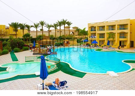 Sharm El Sheikh, Egypt - April 13, 2017: The pool at luxury hotel AURORA at Sharm El Sheikh, Egypt on April 13, 2017